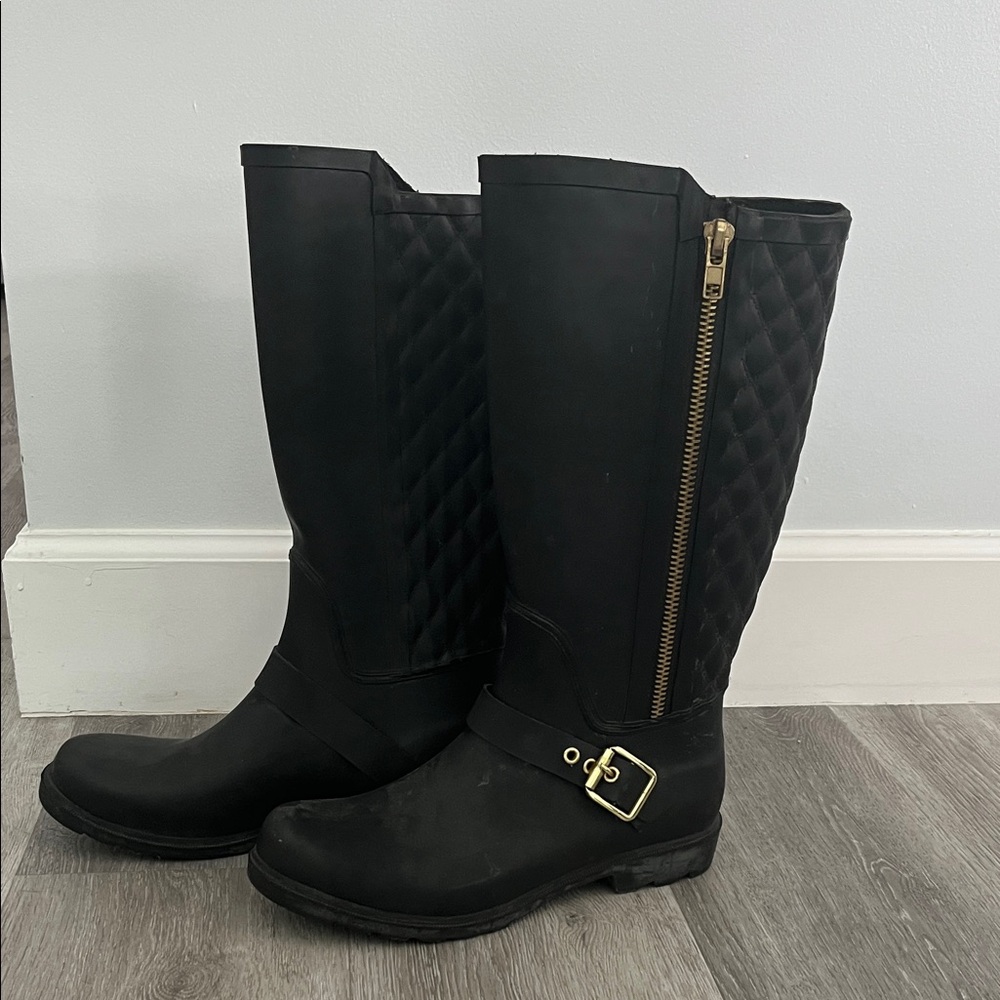 Rubber Black Quilted Knee-High Boots
